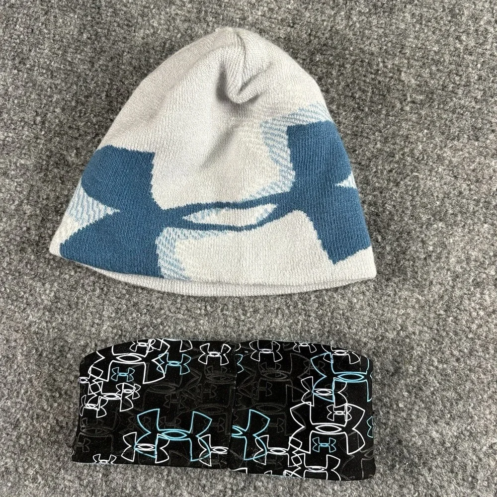 Under Armour Beanie Headband 2pc Set Youth OSFA Gray Blue ColdGear Winter Logo
